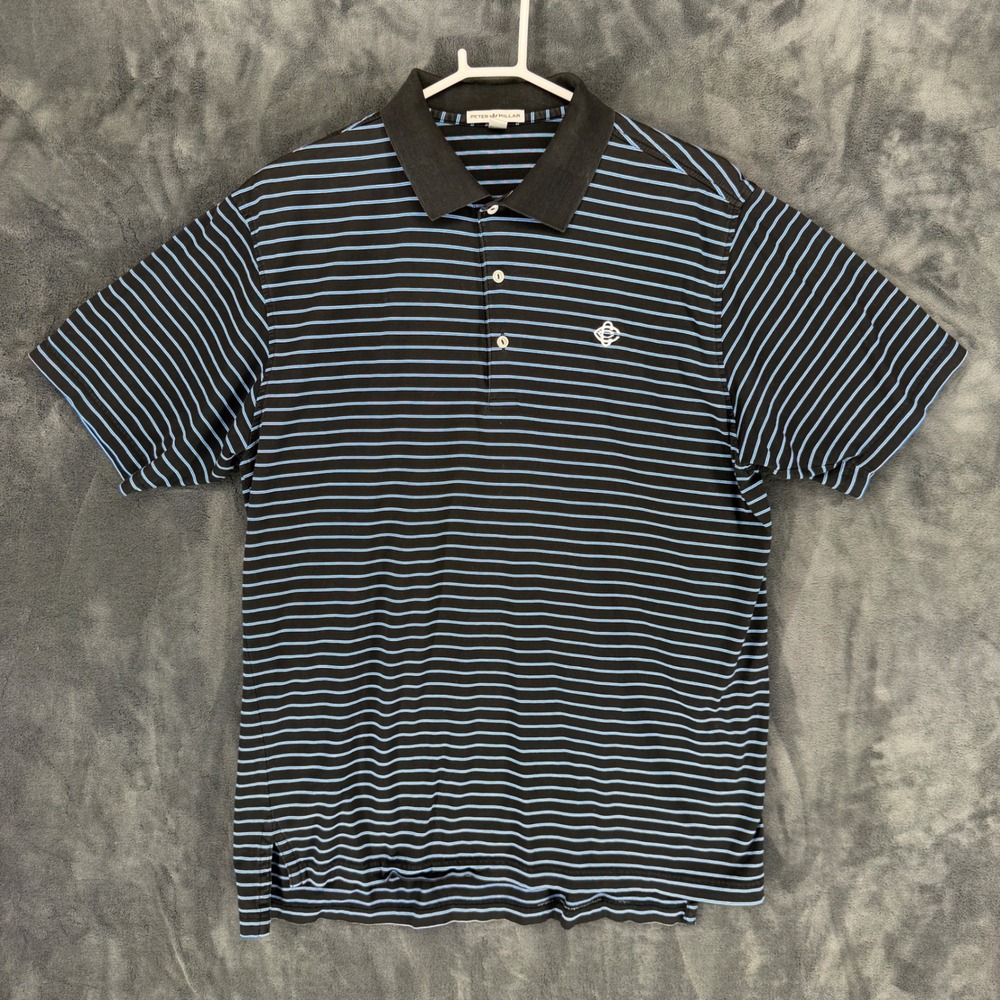 Peter Millar Mens Large Black Blue Striped Cotton Short Sleeve Polo Golf Shirt